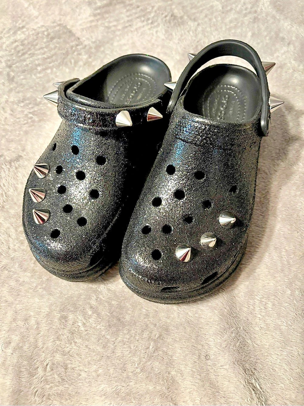 Custom Studded Platform Crocs – Black Glitter with Silver Spikes – Goth/Punk Sty